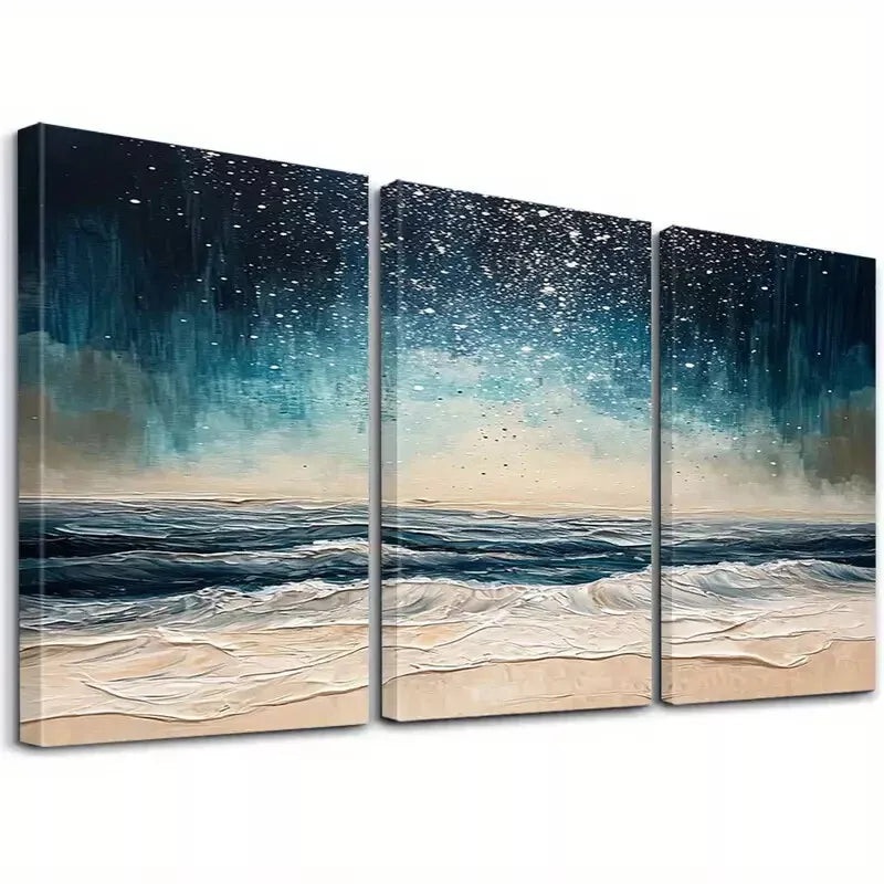 3pcs    Abstract Night Beach Waves Classic Art Set Canvas Framed 50x70cm -  High Quality Print 100% Australian Made Wall Canvas Ready to Hang