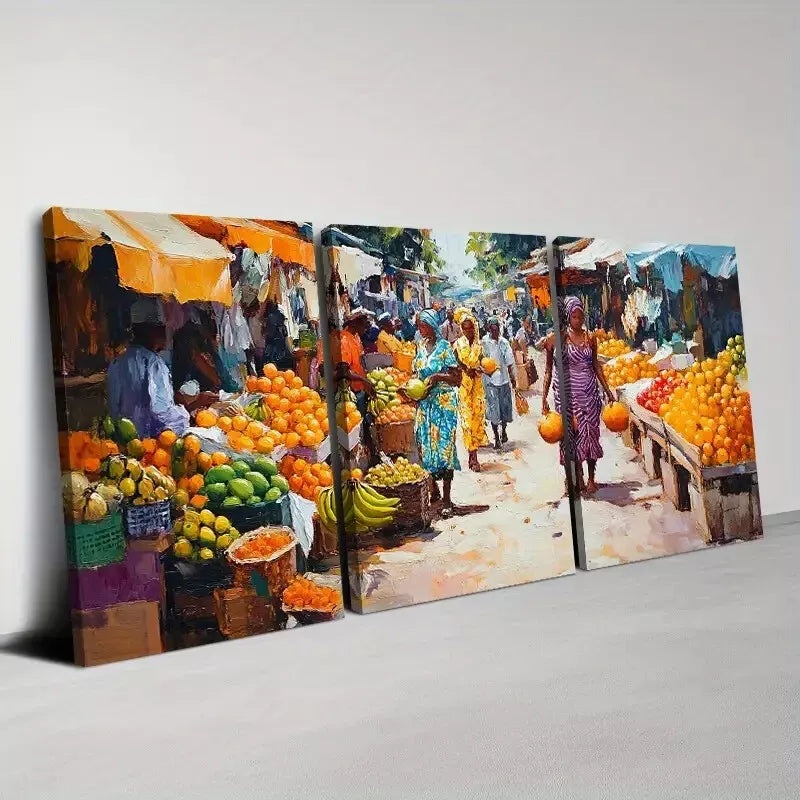 3pcs African Fruit Market with People Wall Art Set Canvas Framed 50x70cm -  High Quality Print 100% Australian Made Wall Canvas Ready to Hang