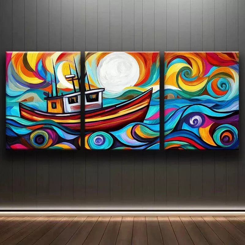 3pcs An Abstract Depiction Of A Fishing Trawler Wall Art Set Canvas Framed 50x70cm -  High Quality Print 100% Australian Made Wall Canvas Ready to Hang