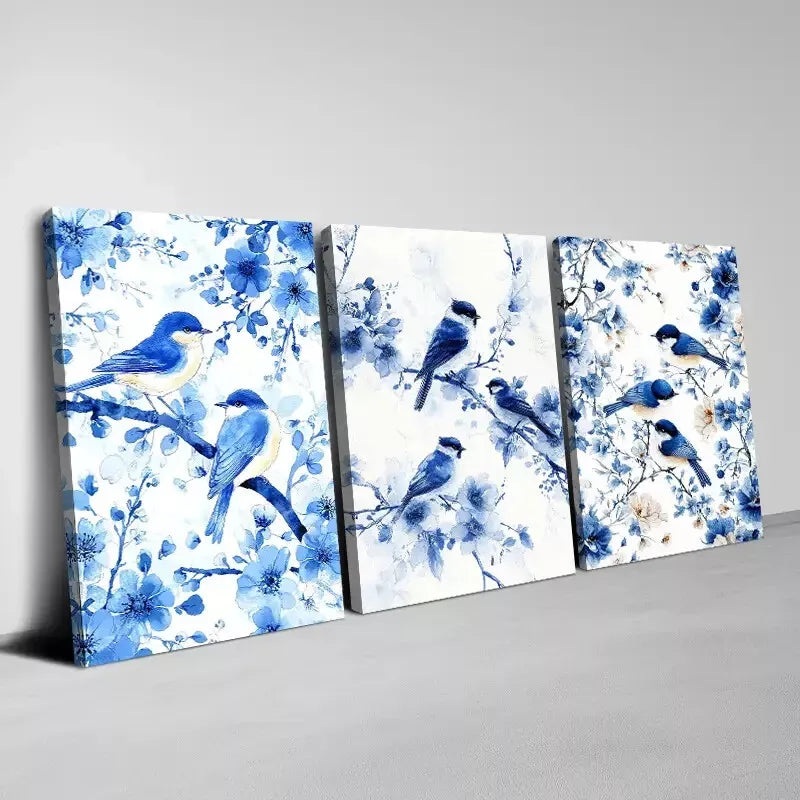 3pcs Beautiful Blue Birds with Floral & branches Wall Art Set Canvas Framed 50x70cm -  High Quality Print 100% Australian Made Wall Canvas Ready to Hang