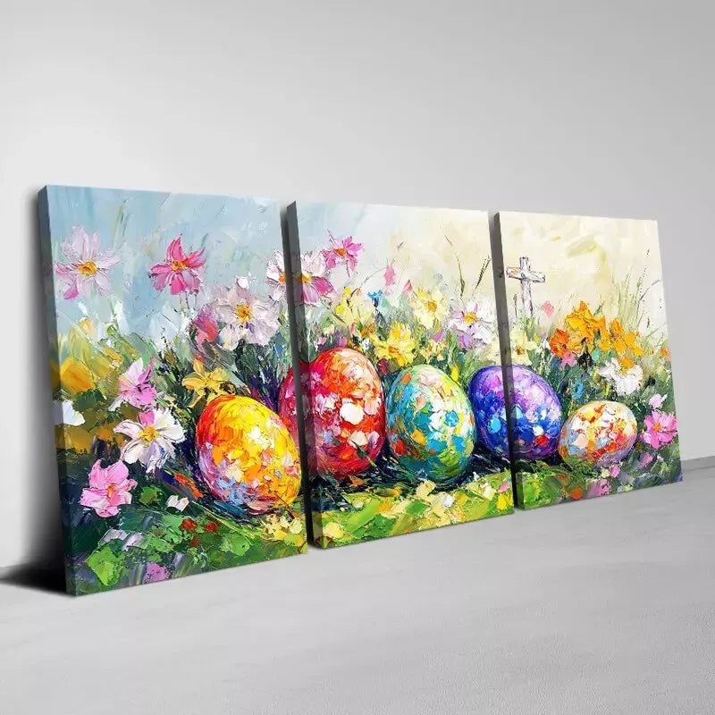 3pcs Beautiful Colorful Easter Eggs with Florals  Wall Art Set Canvas Framed 50x70cm -  High Quality Print 100% Australian Made Wall Canvas Ready to Hang