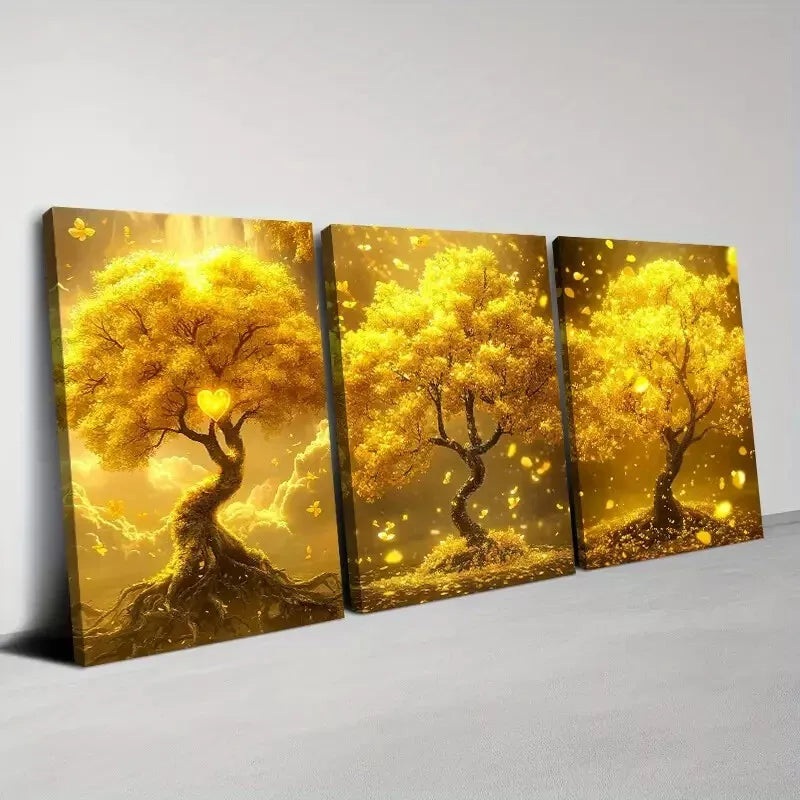 3pcs Beautiful Golden Lucky Tree  Wall Art Set Canvas Framed 50x70cm -  High Quality Print 100% Australian Made Wall Canvas Ready to Hang