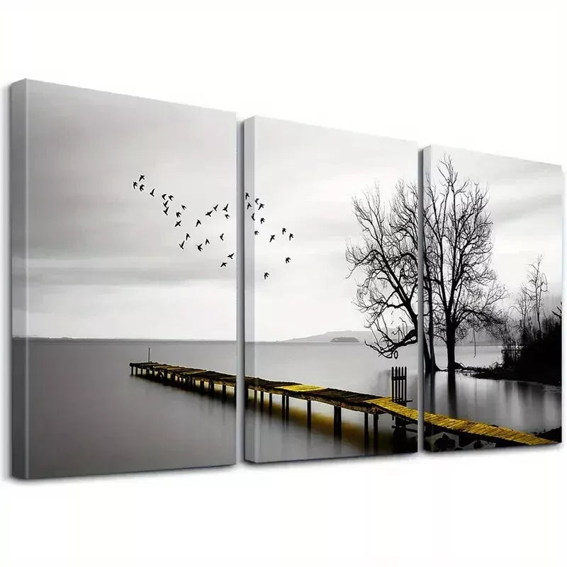 3pcs Black And White Lakeside Wooden Walkway   Art Set Canvas Framed 50x70cm -  High Quality Print 100% Australian Made Wall Canvas Ready to Hang