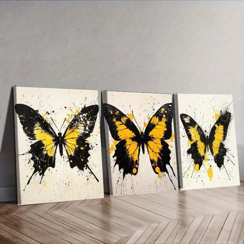 3pcs Black And Yellow Butterflies Colorful  Wall Art Set Canvas Framed 50x70cm -  High Quality Print 100% Australian Made Wall Canvas Ready to Hang
