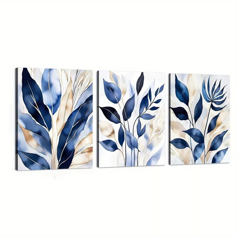 3pcs Botanical Abstract Elegant Blue Leaves Wall Art Set Canvas Framed 50x70cm -  High Quality Print 100% Australian Made Wall Canvas Ready to Hang