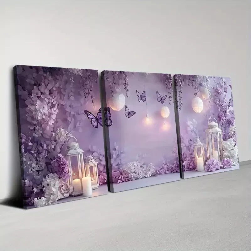 3pcs Charming Purple Butterfly with Candles Wall Art Set Canvas Framed 50x70cm -  High Quality Print 100% Australian Made Wall Canvas Ready to Hang