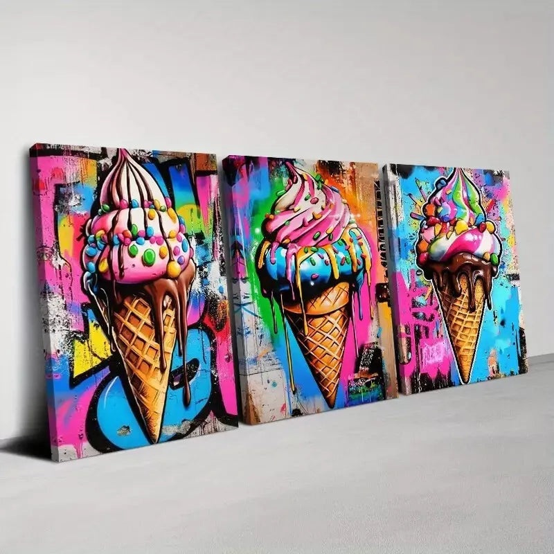 3pcs Colorful And Delicious Ice Cream Wall Art Set Canvas Framed 50x70cm -  High Quality Print 100% Australian Made Wall Canvas Ready to Hang