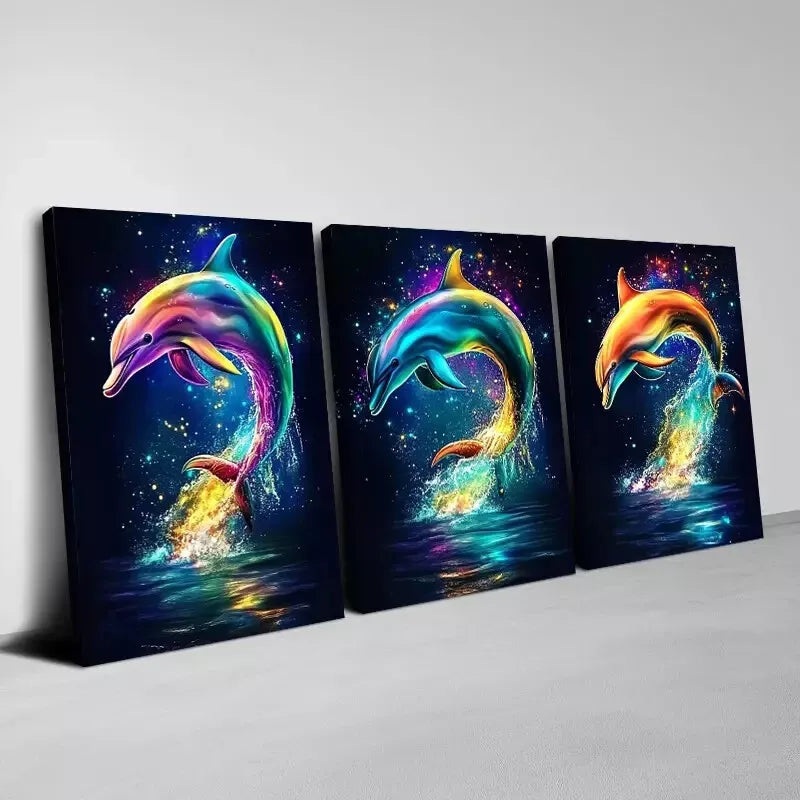 3pcs  Colorful Charming Dolphins Wall Art Set Canvas Framed 50x70cm -  High Quality Print 100% Australian Made Wall Canvas Ready to Hang