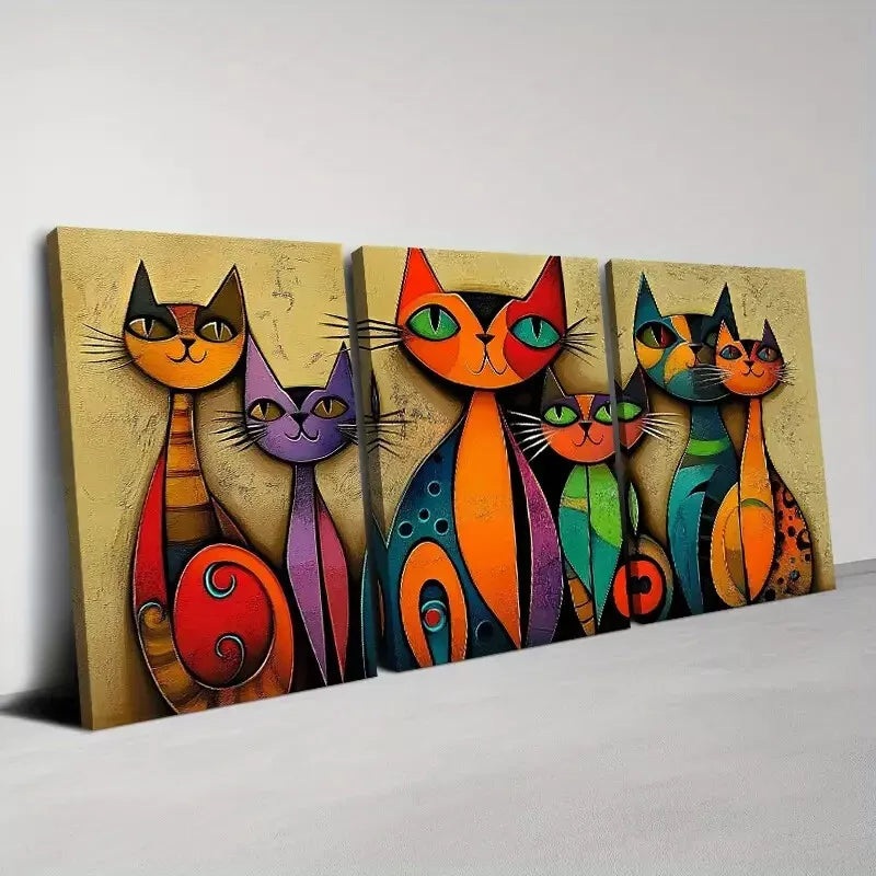 3pcs  Colorful Vibrant Abstract Cats Painting Art Set Canvas Framed 50x70cm -  High Quality Print 100% Australian Made Wall Canvas Ready to Hang