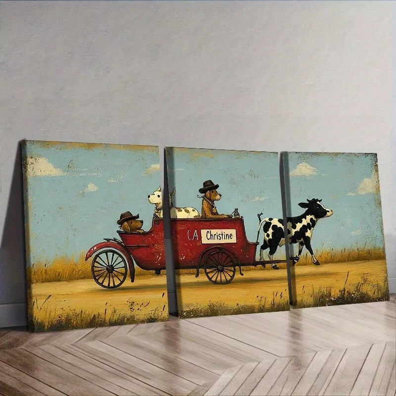 3pcs Contemporary Style Bullock Drawn Wall Art Set Canvas Framed 50x70cm -  High Quality Print 100% Australian Made Wall Canvas Ready to Hang