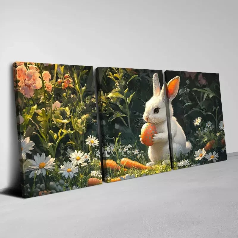 3pcs Cute Easter Bunny Eggs Florals & Carrots Wall Art Set Canvas Framed 50x70cm -  High Quality Print 100% Australian Made Wall Canvas Ready to Hang