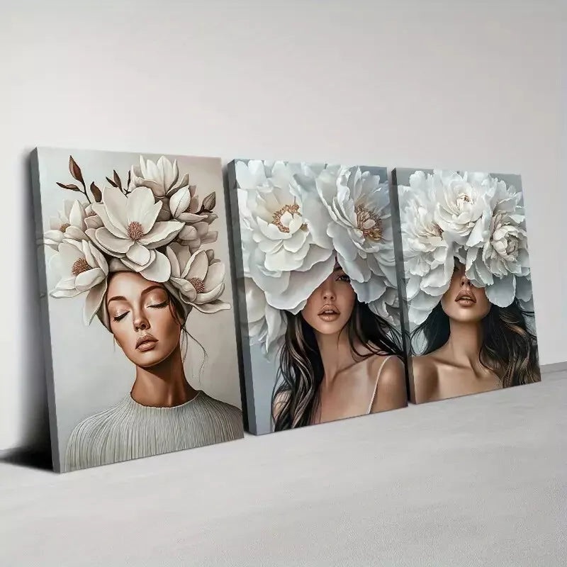3pcs  Cute Women with Flowers headdress Wall Art Set Canvas Framed 50x70cm -  High Quality Print 100% Australian Made Wall Canvas Ready to Hang