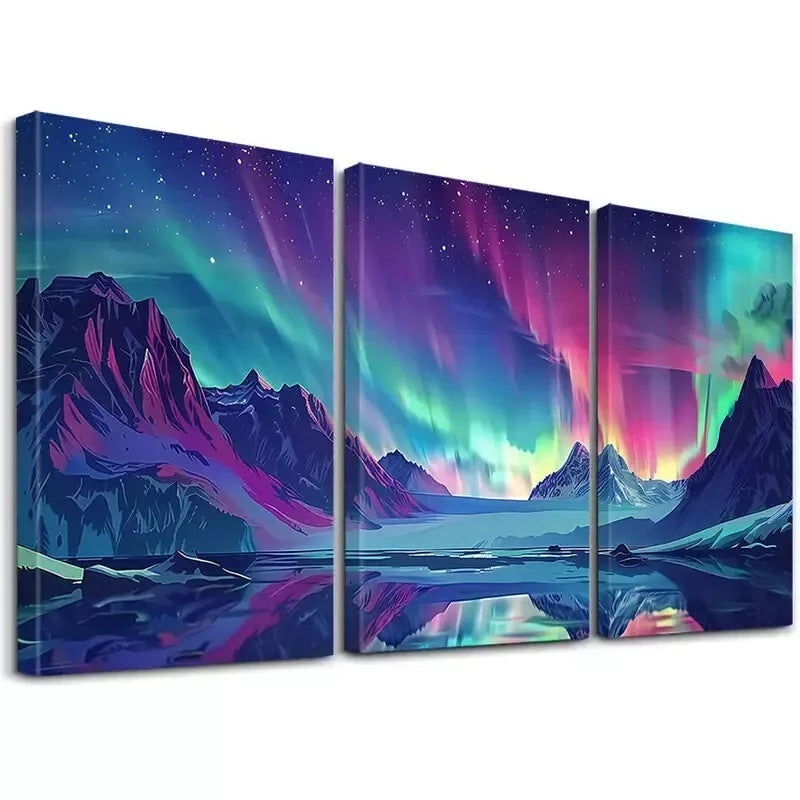 3pcs  Decorative Aurora Borealis Icy Mountains  Art Set Canvas Framed 50x70cm -  High Quality Print 100% Australian Made Wall Canvas Ready to Hang