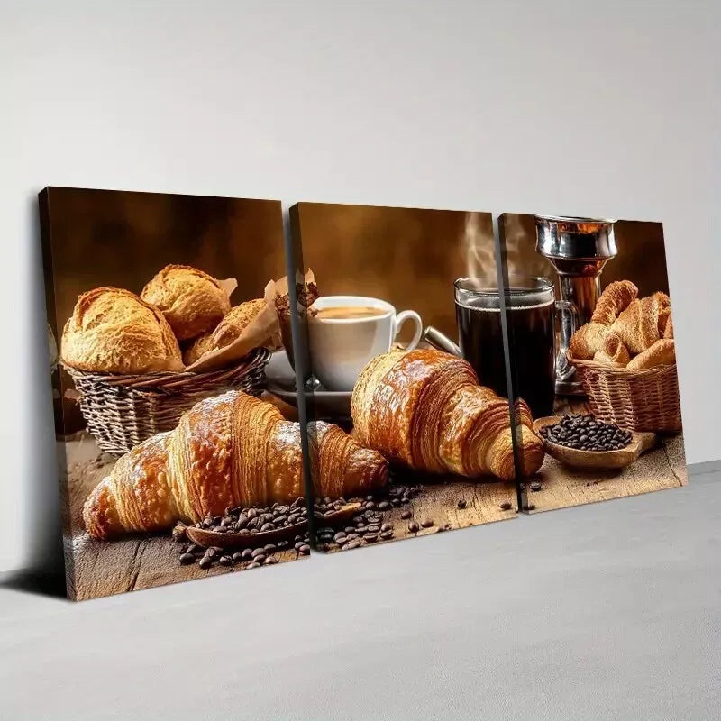 3pcs  Delicious Fashionable Coffee And Croissant Art Set Canvas Framed 50x70cm -  High Quality Print 100% Australian Made Wall Canvas Ready to Hang