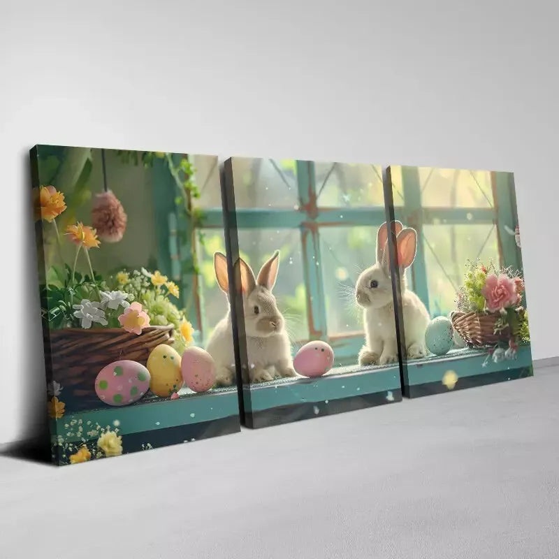 3pcs  Easter Bunny Canvas with Florals & Eggs Wall Art Set Canvas Framed 50x70cm -  High Quality Print 100% Australian Made Wall Canvas Ready to Hang