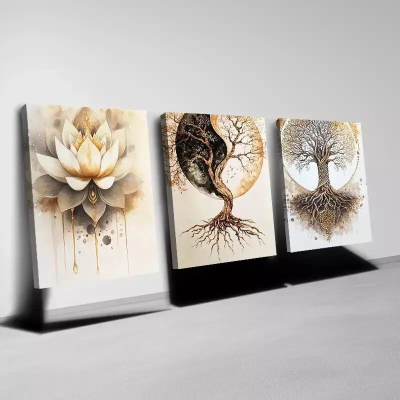 3pcs Elegant Golden for Lotus & Tree of Life Natural Art Set Canvas Framed 50x70cm -  High Quality Print 100% Australian Made Wall Canvas Ready to Hang