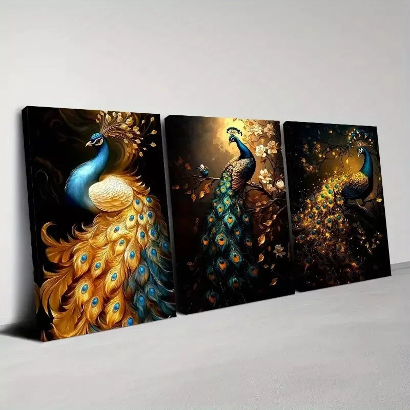 3pcs Enchanting Peacock Dance Florals Wall Art Set Canvas Framed 50x70cm -  High Quality Print 100% Australian Made Wall Canvas Ready to Hang