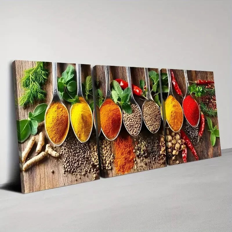 3pcs  Fashion Kitchen Colorful Spices Spoons Art Set Canvas Framed 50x70cm -  High Quality Print 100% Australian Made Wall Canvas Ready to Hang
