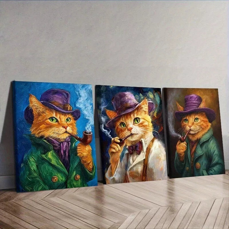3pcs Featuring A Cat With A Pipe Orange Cat Wall Art Set Canvas Framed 50x70cm -  High Quality Print 100% Australian Made Wall Canvas Ready to Hang