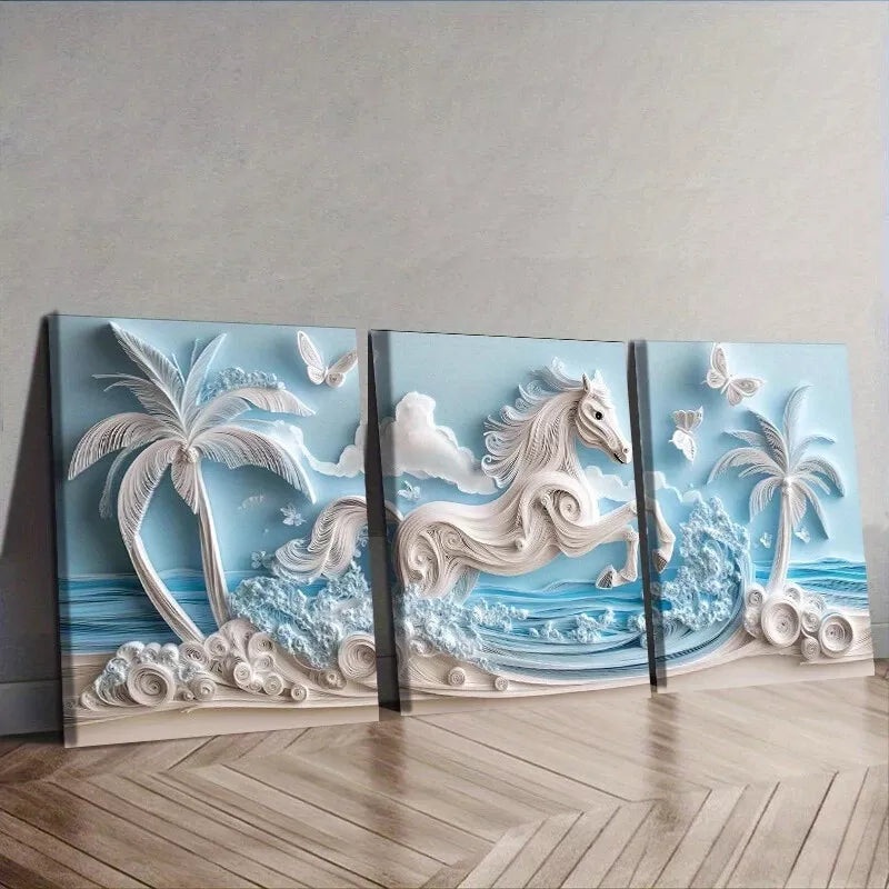 3pcs Featuring A Galloping Horse In The Beach Wall Art Set Canvas Framed 50x70cm -  High Quality Print 100% Australian Made Wall Canvas Ready to Hang