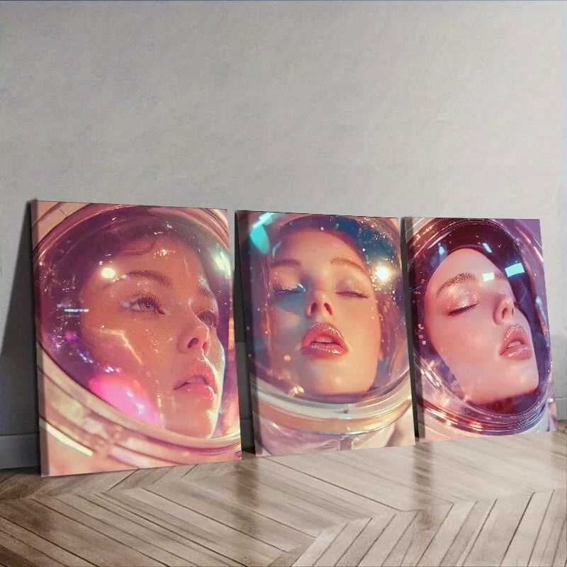 3pcs  Featuring An Astronaut Colorful Background Wall Art Set Canvas Framed 50x70cm -  High Quality Print 100% Australian Made Wall Canvas Ready to Hang