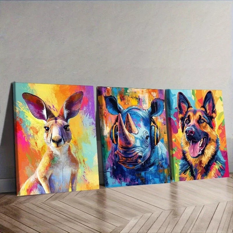 3pcs Featuring Animals In Colorful Background Wall Art Set Canvas Framed 50x70cm -  High Quality Print 100% Australian Made Wall Canvas Ready to Hang