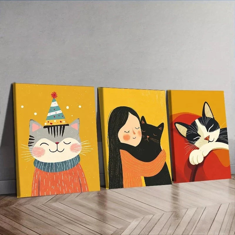 3pcs Featuring Cats In A Yellow Background Wall Art Set Canvas Framed 50x70cm -  High Quality Print 100% Australian Made Wall Canvas Ready to Hang