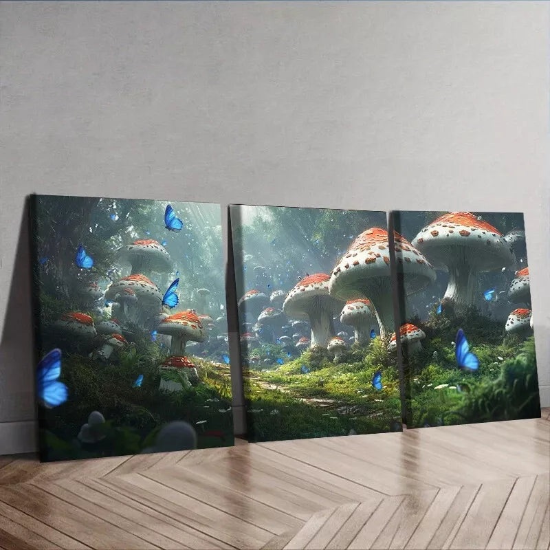 3pcs Featuring Mushrooms In A Forest Nature Wall Art Set Canvas Framed 50x70cm -  High Quality Print 100% Australian Made Wall Canvas Ready to Hang