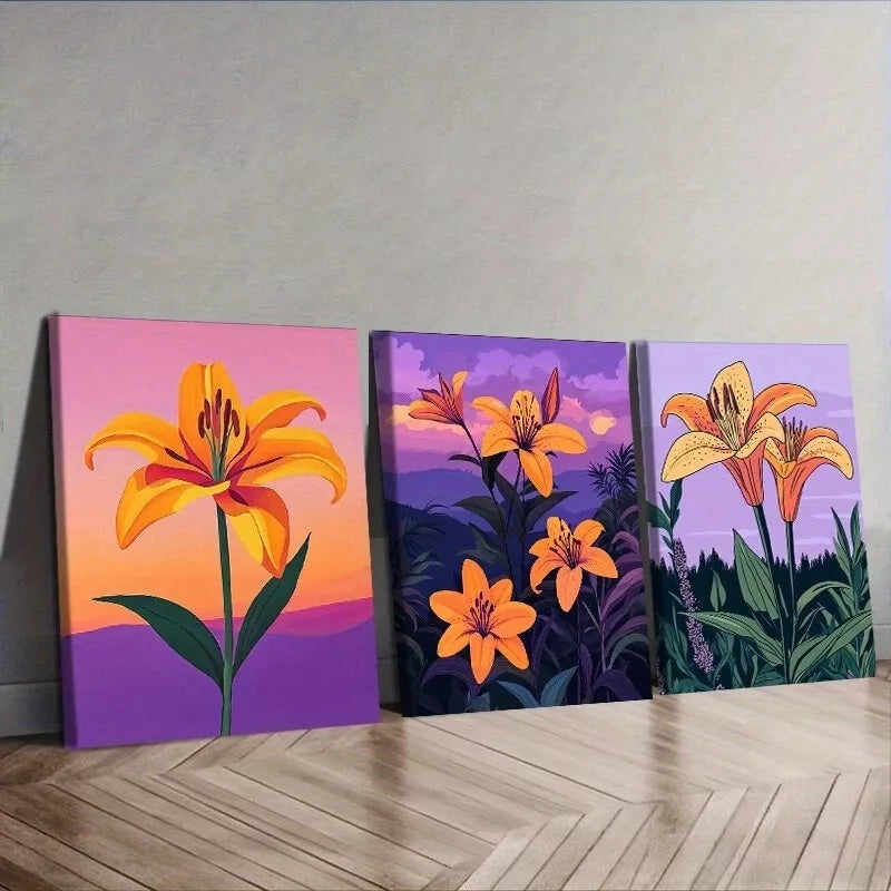 3pcs Featuring Orange Lilies Nature Flowers  Wall Art Set Canvas Framed 50x70cm -  High Quality Print 100% Australian Made Wall Canvas Ready to Hang