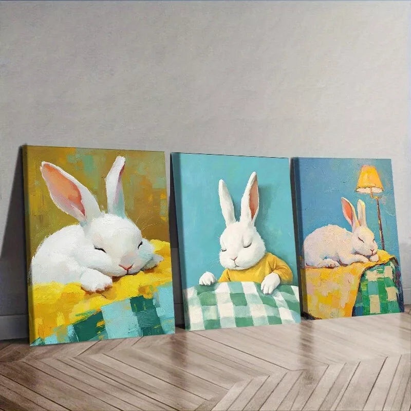 3pcs  Featuring Rabbits In A Table Wall Art Set Canvas Framed 50x70cm -  High Quality Print 100% Australian Made Wall Canvas Ready to Hang