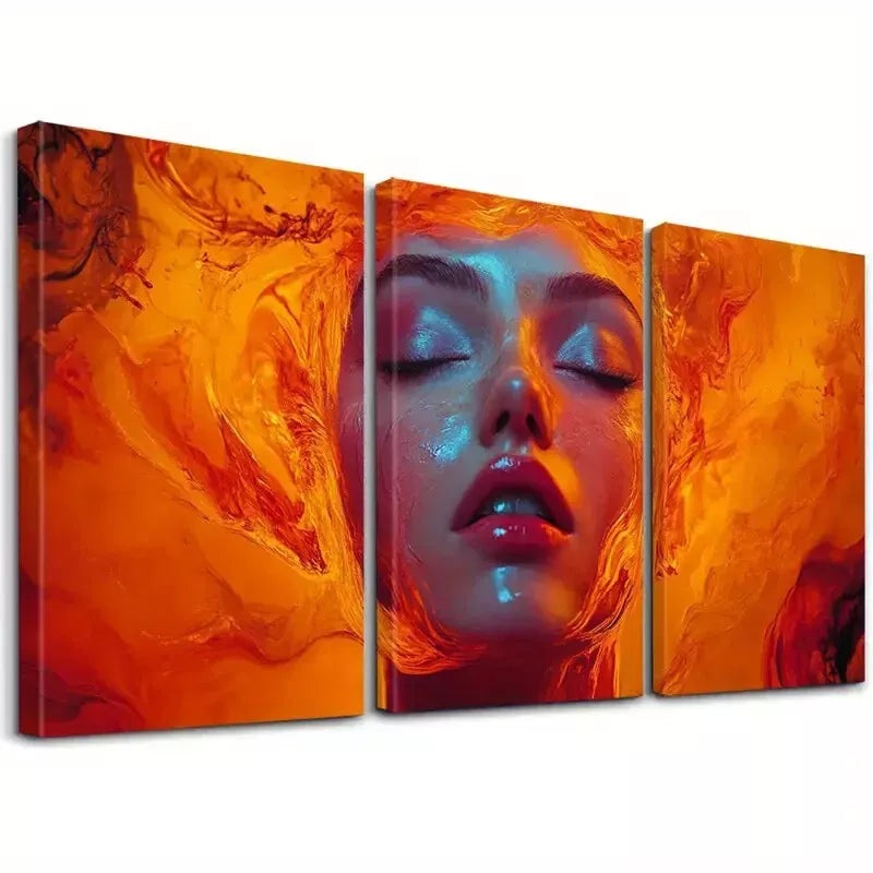 3pcs Fiery Hair Vibrant Orange & Red Abstract  Art Set Canvas Framed 50x70cm -  High Quality Print 100% Australian Made Wall Canvas Ready to Hang