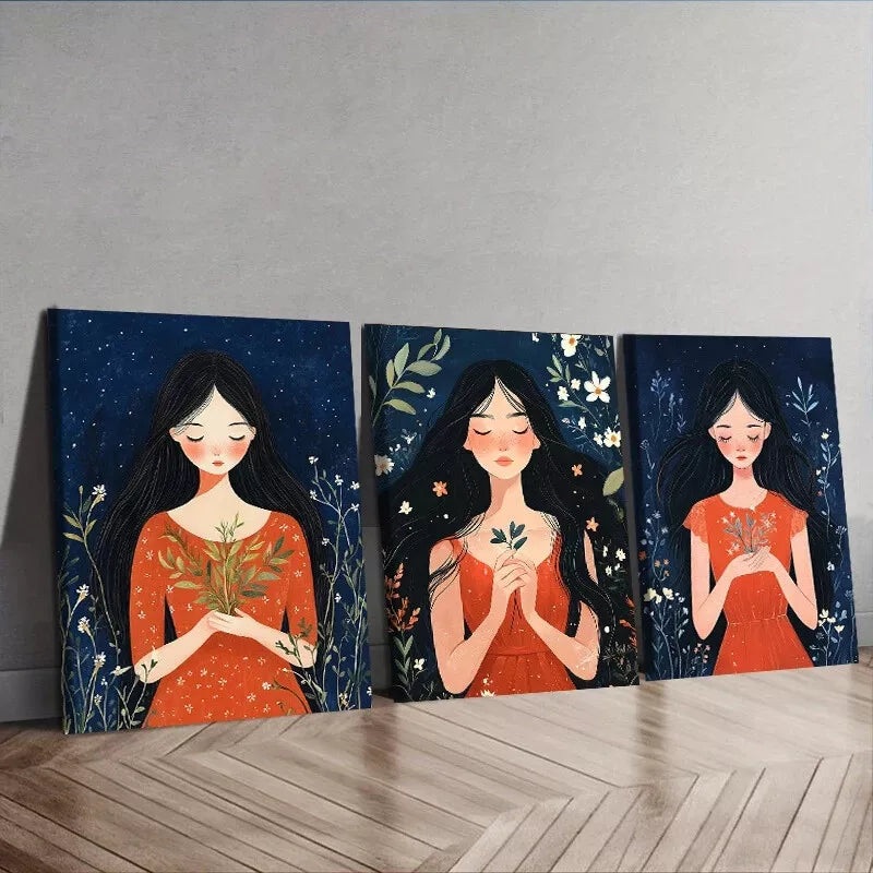 3pcs Flower Girl Prints Nature Flowers Wall Art Set Canvas Framed 50x70cm -  High Quality Print 100% Australian Made Wall Canvas Ready to Hang