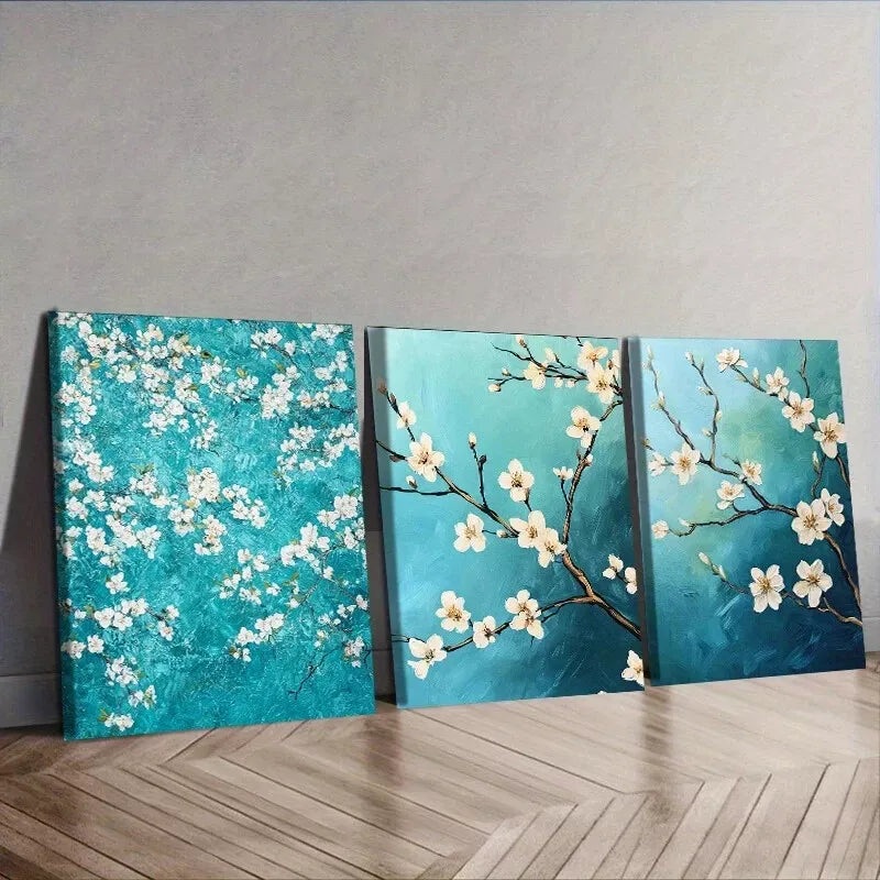 3pcs  Green And White Blooming Almond Trees Wall Art Set Canvas Framed 50x70cm -  High Quality Print 100% Australian Made Wall Canvas Ready to Hang