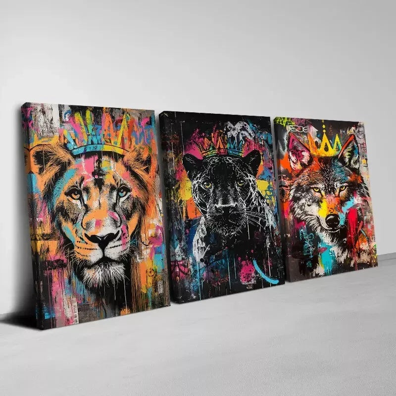3pcs Lion Wolf Leopard Abstract Animals Painting Wall Art Set Canvas Framed 50x70cm -  High Quality Print 100% Australian Made Wall Canvas Ready to Hang