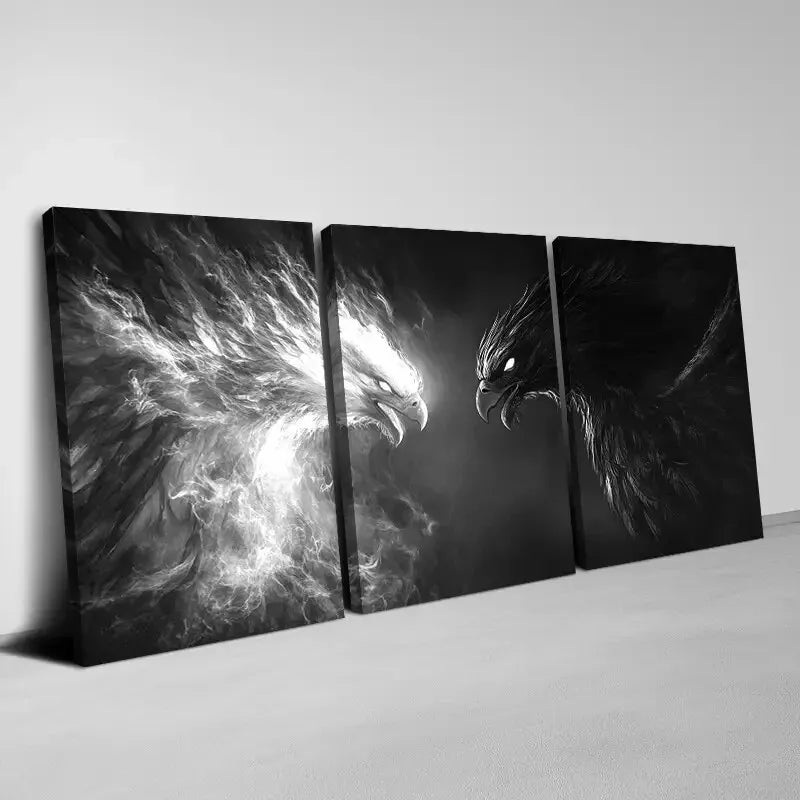 3pcs Modern Furious Black And White Phoenix Wall Art Set Canvas Framed 50x70cm -  High Quality Print 100% Australian Made Wall Canvas Ready to Hang