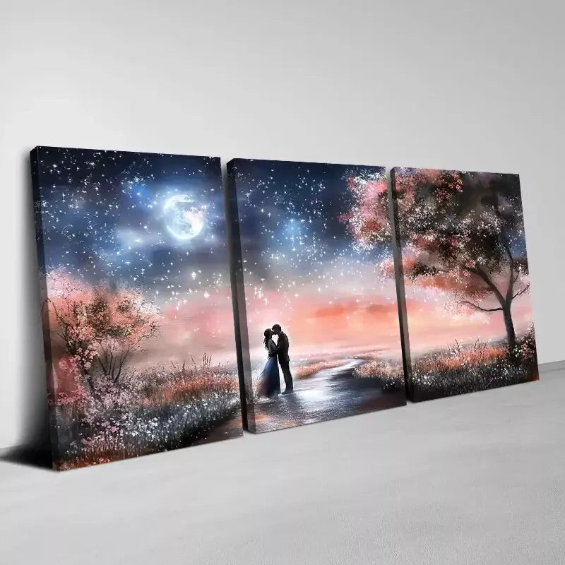 3pcs  Romantic Couple In The Moonlight Wall Art Set Canvas Framed 50x70cm -  High Quality Print 100% Australian Made Wall Canvas Ready to Hang
