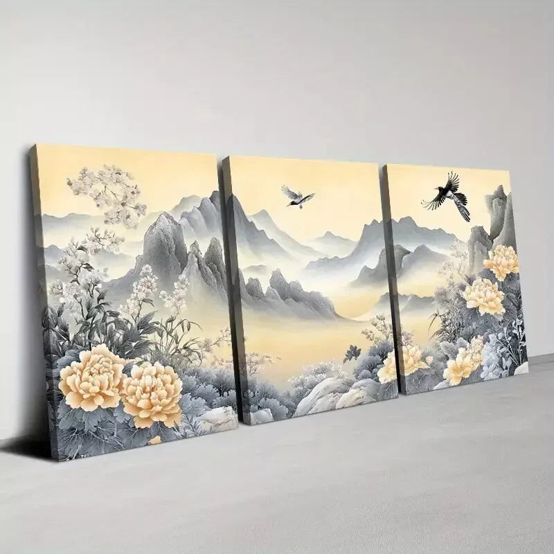 3pcs   Serene Landscape with Blooming Peonies Art Set Canvas Framed 50x70cm -  High Quality Print 100% Australian Made Wall Canvas Ready to Hang