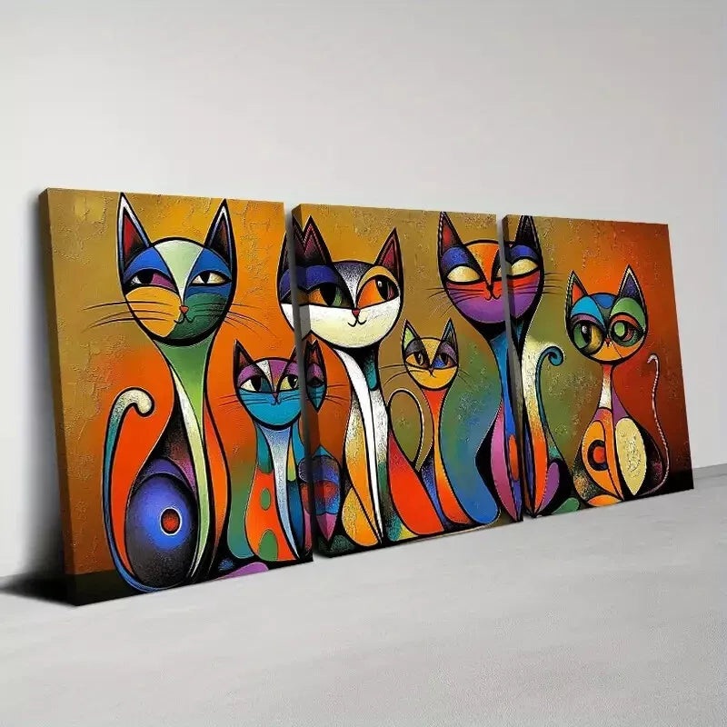 3pcs  Vibrant Abstract Colorful Cats Art Set Canvas Framed 50x70cm -  High Quality Print 100% Australian Made Wall Canvas Ready to Hang