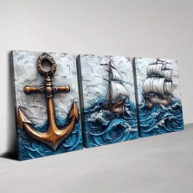 3pcs   Vintage Abstract Sailing and Anchor Wall Art Set Canvas Framed 50x70cm -  High Quality Print 100% Australian Made Wall Canvas Ready to Hang