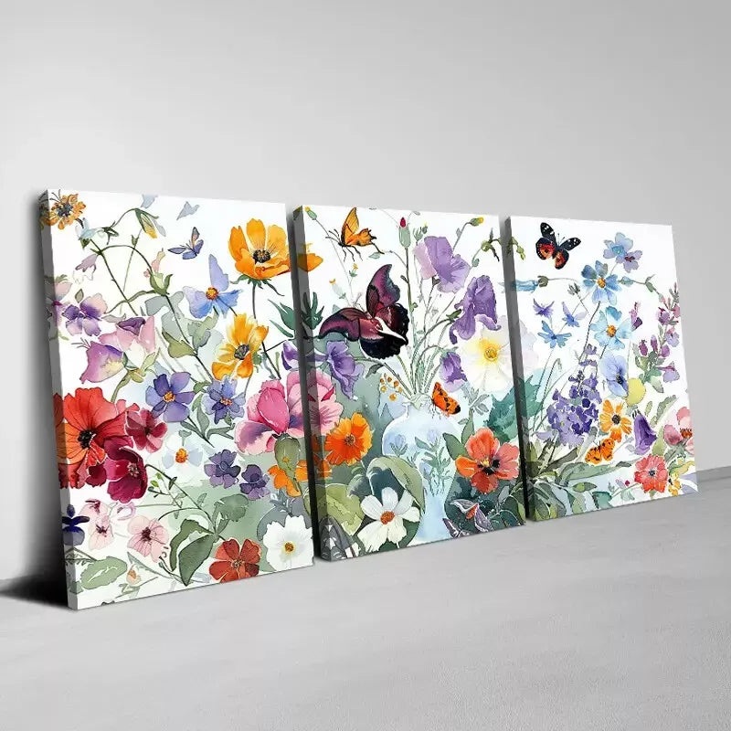 3pcs  Watercolor Wildflowers And Butterflies Wall Art Set Canvas Framed 50x70cm -  High Quality Print 100% Australian Made Wall Canvas Ready to Hang