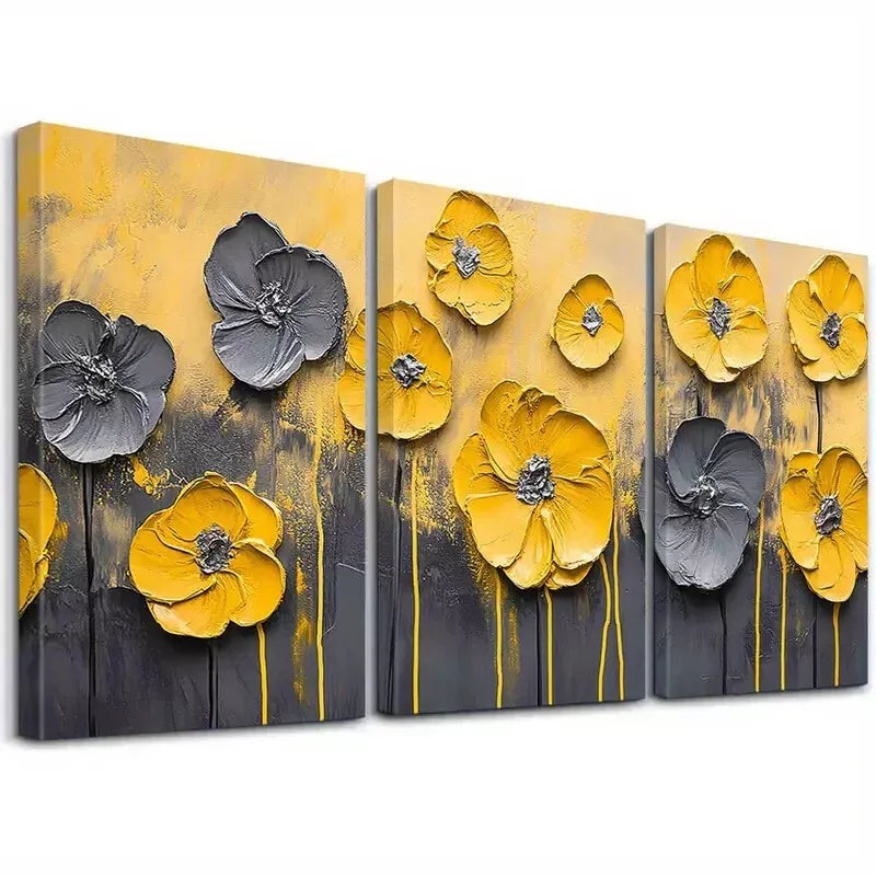 3pcs Abstract Modern Decorative Yellow Flowers Art Set Canvas Framed 50x70cm -  High Quality Print 100% Australian Made Wall Canvas Ready to Hang