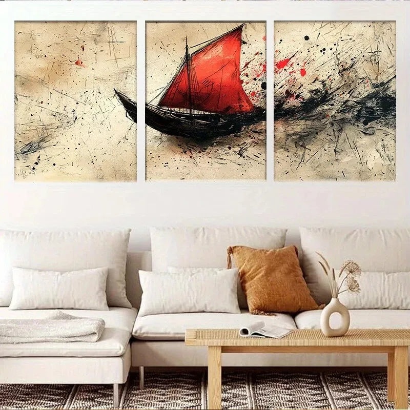 3pcs Abstract Red Sails Ship on Rough Seas Waves Wall Art Set Canvas Framed 50x70cm -  High Quality Print 100% Australian Made Wall Canvas Ready to Hang