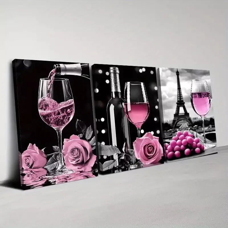 3pcs Abstract Rose & Wine Eiffel Tower Wall Art Set Canvas Framed 50x70cm -  High Quality Print 100% Australian Made Wall Canvas Ready to Hang