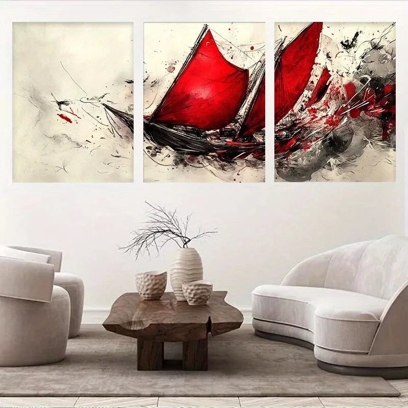 3pcs Abstract Sailing Ship Bold Red Sails Wall Art Set Canvas Framed 50x70cm -  High Quality Print 100% Australian Made Wall Canvas Ready to Hang