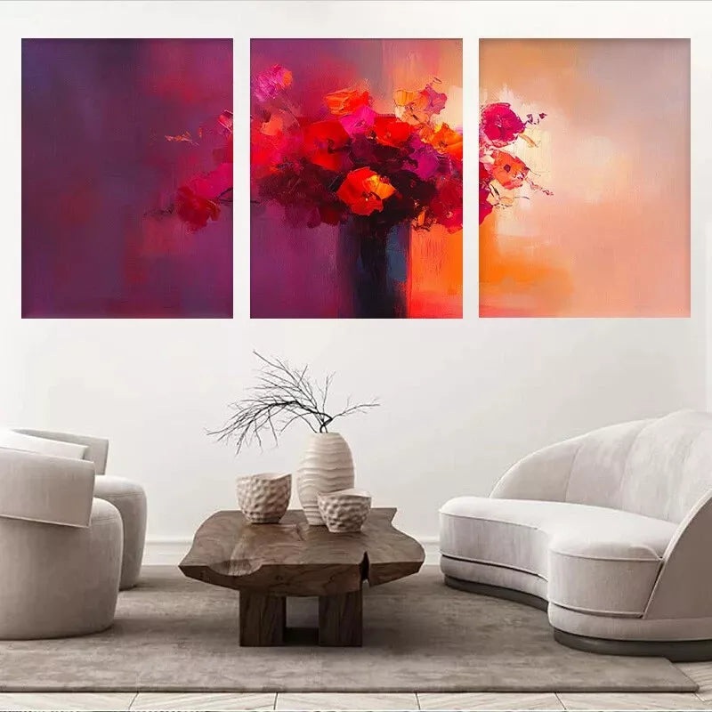 3pcs  Abstract Vibrant Red and Orange Blossoms Wall Art Set Canvas Framed 50x70cm -  High Quality Print 100% Australian Made Wall Canvas Ready to Hang
