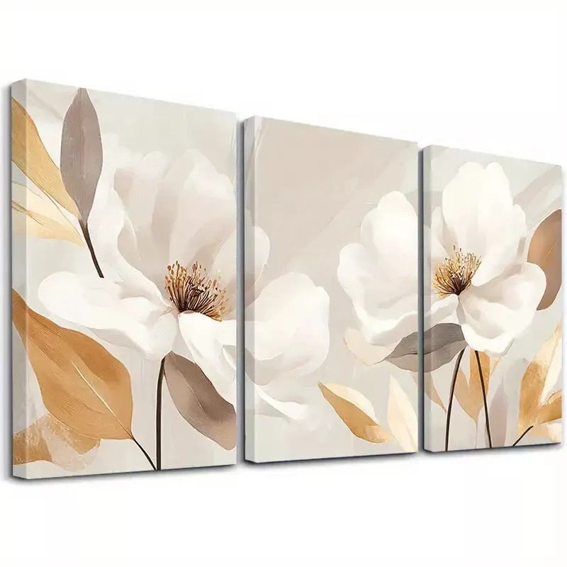 3pcs Abstract White Blossoms with Golden Leaves  Art Set Canvas Framed 50x70cm -  High Quality Print 100% Australian Made Wall Canvas Ready to Hang