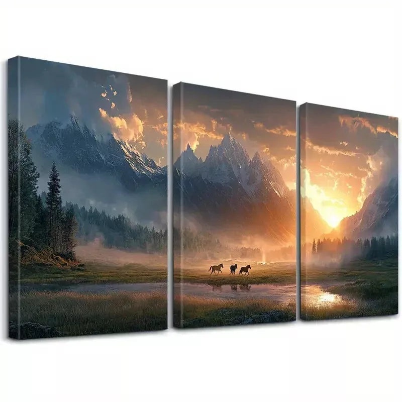 3pcs   Aesthetic Running Horses and Sunset  Art Set Canvas Framed 50x70cm -  High Quality Print 100% Australian Made Wall Canvas Ready to Hang