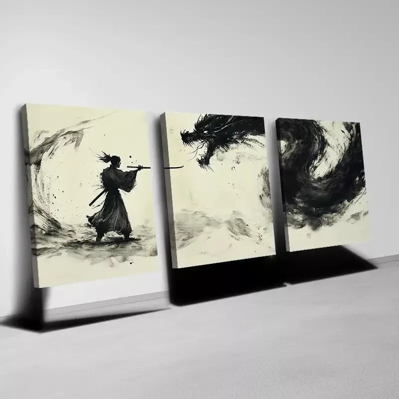 3pcs  Ancient Japanese Dragon & Samurai Wall Art Set Canvas Framed 50x70cm -  High Quality Print 100% Australian Made Wall Canvas Ready to Hang