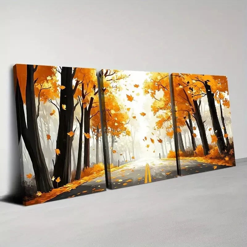 3pcs Autumn Forest Mountain Road Watercolor  Natural Art Set Canvas Framed 50x70cm -  High Quality Print 100% Australian Made Wall Canvas Ready to Hang