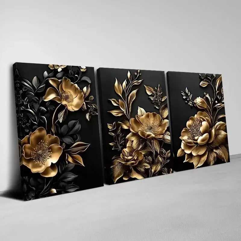3pcs Beautiful Abstract Golden Flower Art Set Canvas Framed 50x70cm -  High Quality Print 100% Australian Made Wall Canvas Ready to Hang